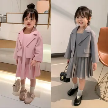 комплект дрехи от две части за малки момичета, корейски сако, палто с майкой, плиссированное рокля, дрехи за момиченца от 3 до 8 години
