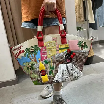 Зимна модна чанта-тоут 2023 в Европейския и американския стил, чанта през рамо с голям капацитет, Творчески бродирани чанти-кошница за зеленчуци