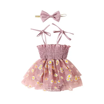Гащеризон за новородени момичета рокля на рожден ден с цветна бродерия, Сетчатое рокля от тюл тела, превръзка на главата, съоръжения