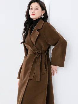 2023 Есенно-зимно Модно дамско палто, вълнен висококачествен колан със средна дължина, Леко луксозно вълна палто