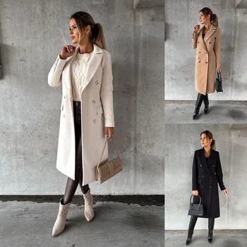 Дамски модни и ежедневни ветровка с дълги ръкави 2023, просто однотонное двубортное вълна палто с висока талия