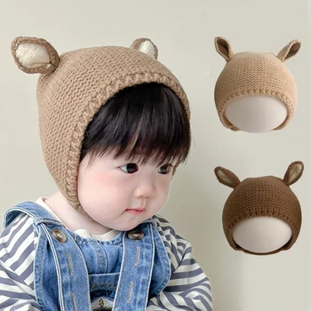 Корейска детска вязаная шапка с заячьими уши, мека шапчица-капор за малки момчета и момичета, обикновена топли шапки-те за деца
