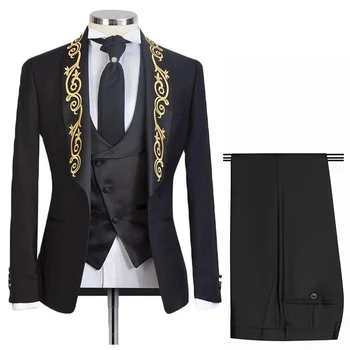 Мъжки костюм от 3 теми с златни бродерии, Шал с ревери, Оборудвана Сватбен Смокинг за младоженеца, Жилетка и Панталони