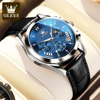 OLEVS Луксозни мъжки часовник, Водоустойчив светещи кварцови часовници, Кожени спортни часовници с датата, от висок клас марка, мъжки часовници за мъже Relogio