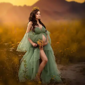 2023 Нови Рокли за абитуриентски бал за бременни Жени, Фатиновое рокля за фотосесии на бременни с цепка отпред, Романтична Макси рокля с открити рамене