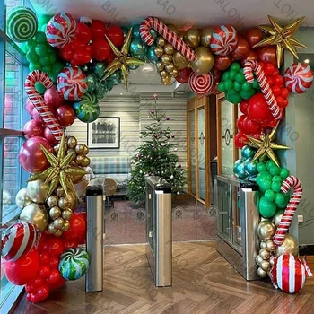 Червен Зелен Златен Комплект Коледни балони, Комплект Гирлянди и арка с конфетными топките За Празнична на Коледа тематични партита, декорация, подарък