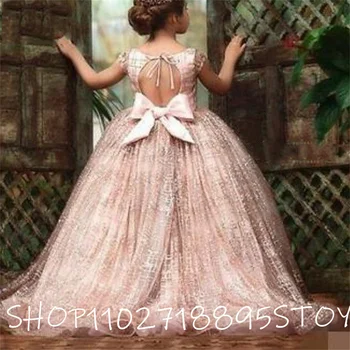 Розови Буйни рокля с цветя модел за момичета 2023, Детско Принцеса рокля с отворен гръб и лък, Елегантна Фатиновое рокля с аппликацией в пода, Vestidos De Новия