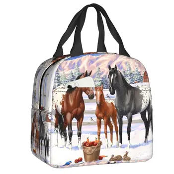 Обичай Appaloosa Horses In Winter Lunch Bag Женски термоохладитель, изолиран обяд-бокс за детски училище