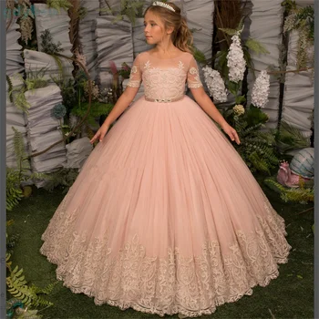 Рокля с цветя модел за момичета на сватбата на принцеса рокля за церемонията на първото причастие за малки момичета, празнично детско рокля