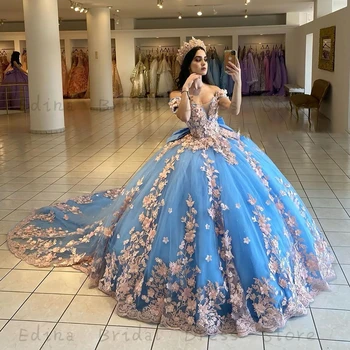 Стил на принцесата, светло синьо дантелено пищни рокля с 3D цветя за момичета, вечерна рокля с открити рамене и влак с лък, vestidos