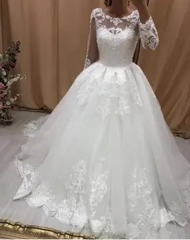 Скромни сватбени рокли Сватбена рокля Трапецовидна форма Сватбени рокли за Близкия Изток с 3D-флорални апликации, Корсет на гърба, Сватбената рокля De Mariée