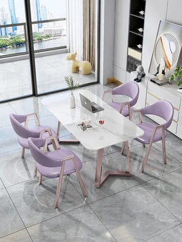 Правоъгълна каменна плоча, маса за хранене и стол, комбинация от светлина, екстравагантен и модерен лесен домакински минималистичен мраморна маса за хранене