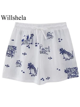 Willshela Дамски модни мини-шорти дантела с бродерия и принтом, Реколта дамски къси панталони с висока еластична талия, Шикозни дамски къси панталони