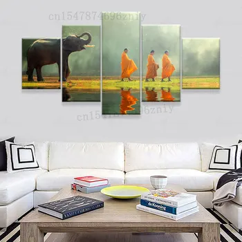 5 Панели Плакат с Слон и Монах Буда, Домашни декоративни картини върху платно, Хол, стенно Изкуство с принтом, Домашен Декор