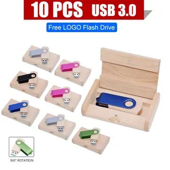 10 бр./ЛОТ USB 3.0 Дървени USB + кутия Флаш памет 4 GB 16 GB 32 GB 64 GB 128 GB USB флаш памет Pendrive Memory Stick Безплатен Потребителски лого