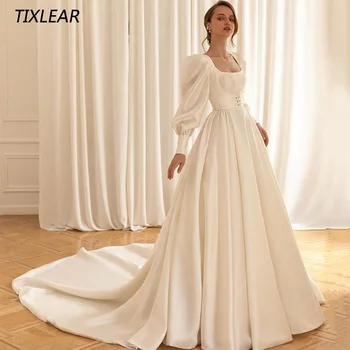 Просто сватбена рокля Трапецовидна форма Tixlear, Квадратен силует, Дълги Буйни ръкав на Сватбена рокля дантела с отворен гръб, Дължина до пода, Vestidos De Noiva