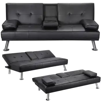 Кожена foldout futon с подстаканниками и възглавници, черен