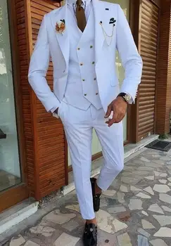 Бял Елегантен Мъжки костюми, Булчински Смокинг за Младоженеца, Официално облекло, Изработена по поръчка Костюм Mariage Homme от три части (Палта + панталони + жилетка)