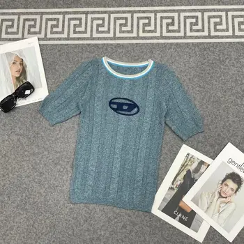 Случайни пуловер Gotoola, Пуловер, тениска с къси ръкави, Лятна новост 2023, Кратък шик топ с кръгло деколте в Ретро стил и надпис