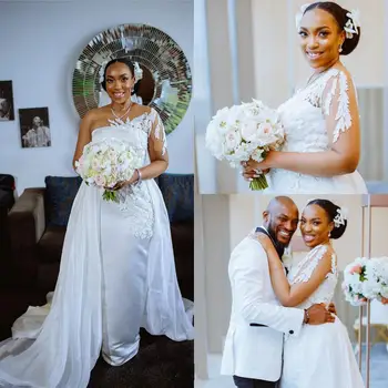 Сватбени рокли Русалка в Африканския стил с едно Рамо, Подвижна Панделка, по-Големи Размери, Лейси апликация, Дълги ръкави за Младоженци