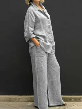Дамски памучни ленени костюми 2023, елегантна однотонная риза с дълъг ръкав, спортни панталони, Комплект от две части, всекидневни Женски Права.