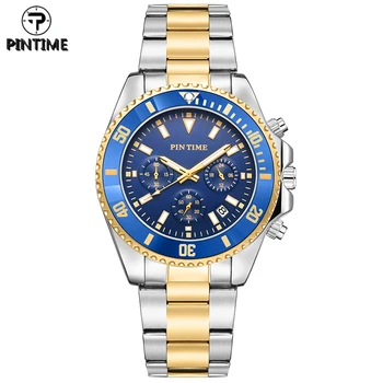 Мъжки часовник PINTIME лукс, висок клас марка, Черен, златен хронограф, Военни мъжки часовници, Бизнес мъжки часовник, Кварцов часовник Hombre