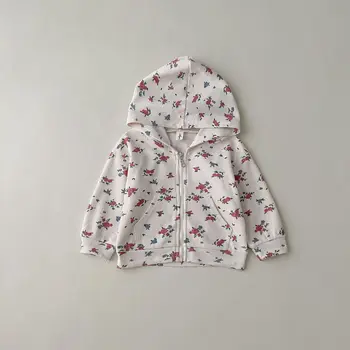 Комплект детски дрехи Пролет-есен За момичета в Корейски стил 2023, Нов модерен Жилетка с качулка и голям джоб в цветенце, палто с цип